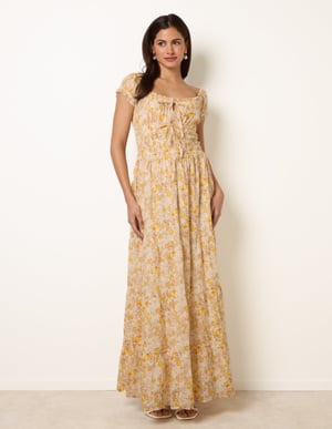 Double Front Tie Shirred Ditsy Floral Maxi Dress