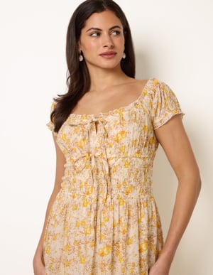 Double Front Tie Shirred Ditsy Floral Maxi Dress