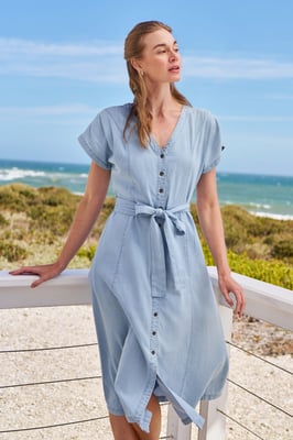 'Tulum' Women's Denim Dress Button Through Cotton Lightweight Midi Dress With Belt Pale Blue