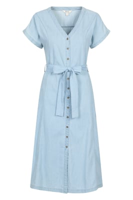 'Tulum' Women's Denim Dress Button Through Cotton Lightweight Midi Dress With Belt Pale Blue