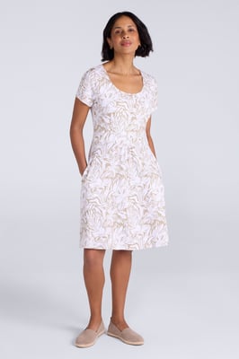 Orchid Patterned Women's UV Summer Dress with Side Pockets Holiday Beach Dress Ecru
