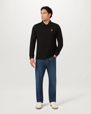 Long Sleeve Logo Detail Polo Shirt in Black