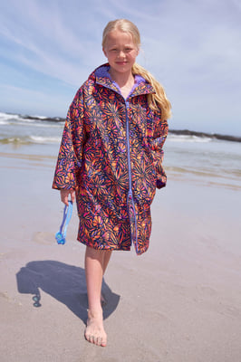 'Tidal' Kids Printed Waterproof Changing Robe Windproof Soft Hooded Surf Poncho Navy