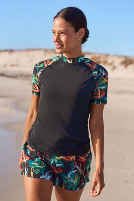 Women's Patterned Rash Vest Sun Protection Quick Dry Stretchy Swimwear Black