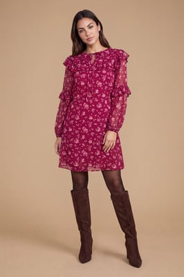 Petite Berry Ditsy Patchwork Frill Yoke Printed Chiffon Mini Dress