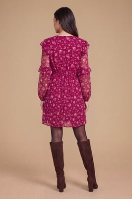 Petite Berry Ditsy Patchwork Frill Yoke Printed Chiffon Mini Dress