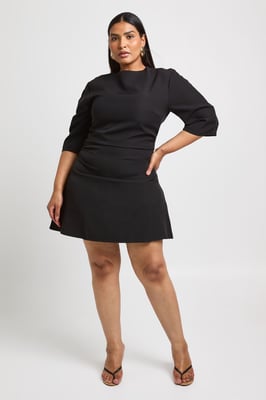 Plus 3/4 Balloon Sleeve Cinch Waist Mini Dress
