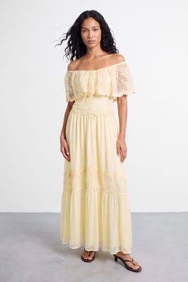 V Neck Ruffle Tulle Embroidered Maxi Dress