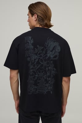 Black Oversized Tonal Dragon Print T-Shirt