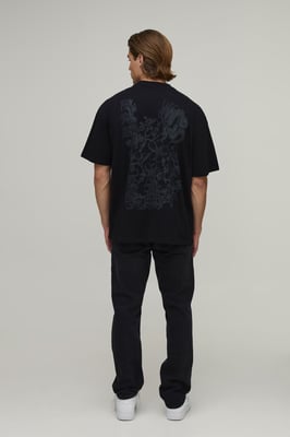 Black Oversized Tonal Dragon Print T-Shirt