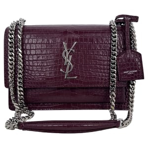 Saint Laurent Medium Sunset Croc-Embossed Shoulder Bag in Burgundy Leather