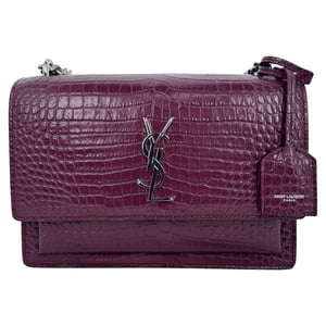 Saint Laurent Medium Sunset Croc-Embossed Shoulder Bag in Burgundy Leather