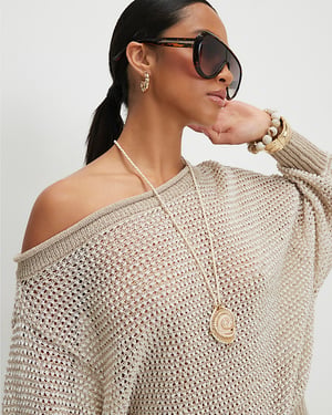 River Island Womens Top Petite Beige Knitted Off Shoulder Long Sleeve