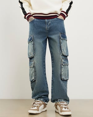 River Island Mens Cargo Jeans Blue Loose Fit Elasticated