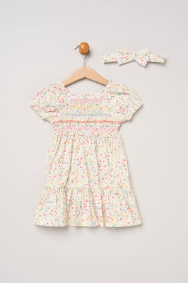 Ditsy Embroidered Smocked Dress with Headband