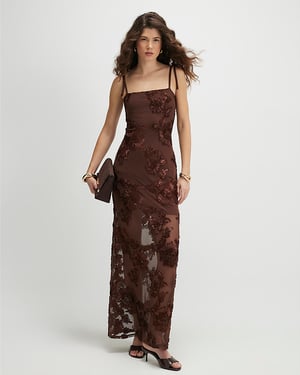 River Island Womens Maxi Dress Brown Sleeveless Cornelli Square Neck