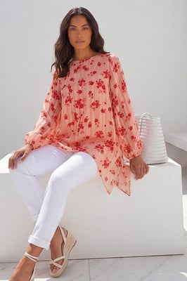 Rose Print Metallic Tunic Top
