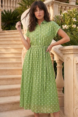 Spot Print Pleated Shirt Midi Dress