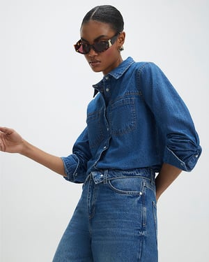 River Island Womens Shirt Blue Denim Fabric Collared Long Sleeve