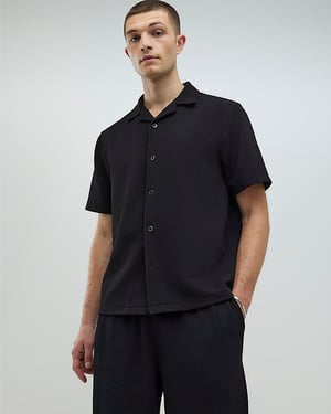 River Island Mens Shirt Black Slim Fit Revere Short Sleeve