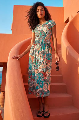 Paisley Print Short Sleeve Midi Dress