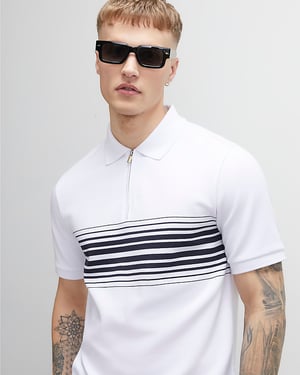 River Island Mens Polo Shirt White Slim Fit Stripe Short Sleeve