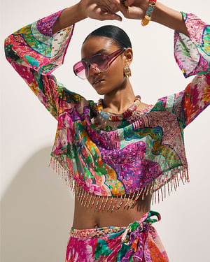 River Island Womens Crop Top Pink Beaded Fringe Beach Floral Del Maar