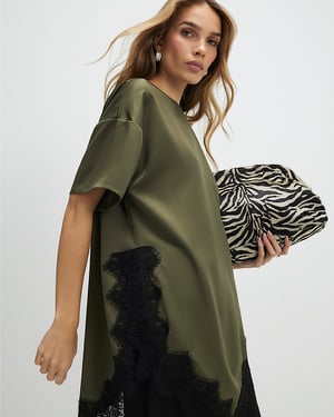 River Island Womens T-Shirt Khaki Asymmetric Lace Satin