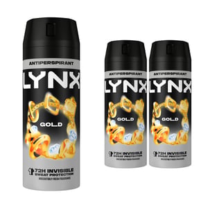 Lynx Gold 72 HRS Anti Sweat Anti-Perspirant Body Spray for Men, 3x150ml
