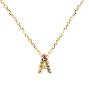 Luxenter, alfabet ketting in 925 sterling zilver en veelkleurige zirkonia met 18 karaat geel vergulde afwerking