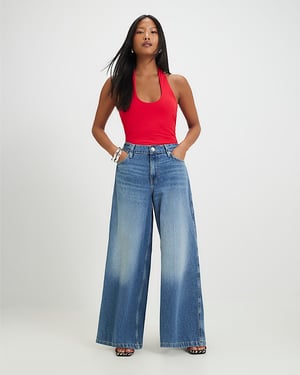 River Island Womens Wide Leg Jeans Petite Blue Elastic Back
