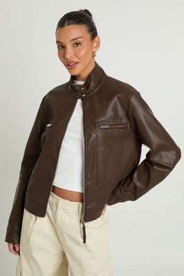 Faux Leather Button Up Collar Zip Pocket Jacket
