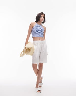 Topshop micro check corsage halter top in blue