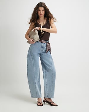 River Island Womens Barrel Leg Jeans Blue Scarf Detail Seamed