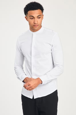 White Cotton Long Sleeve Button-Up Shirt With Grandad Collar