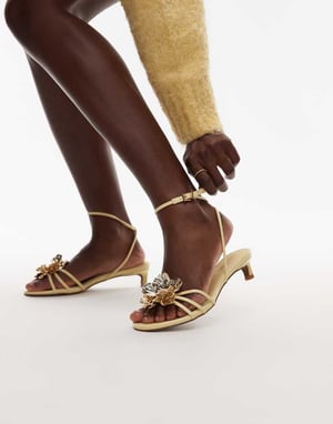Topshop Inaya kitten heel strappy sandal with gold flower in yellow