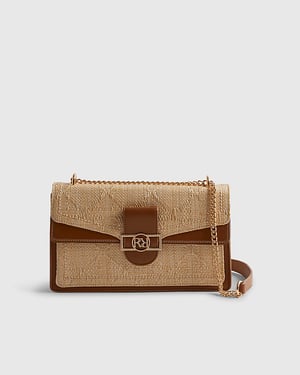 River Island Womens Shoulder Bag Beige RR Panelled Raffia Popper