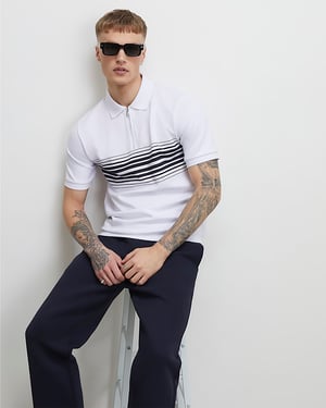River Island Mens Polo Shirt White Slim Fit Stripe Short Sleeve