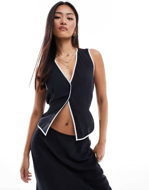 ASOS DESIGN linen blend waistcoat with contrast binding in black co ord