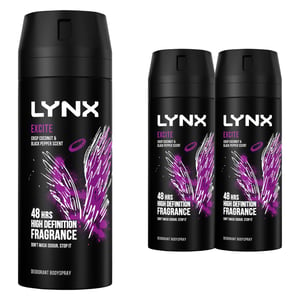Lynx Body Spray Excite 48-H High Definition Fragrance Deo For Men, 3x150ml