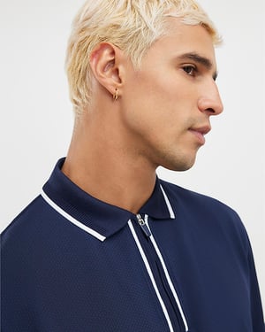 River Island Mens Polo Shirt Navy Slim Fit Textured Zip Tipped