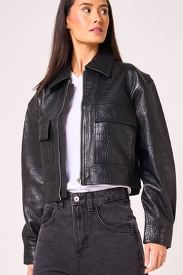Barneys Originals Real Leather Cropped Croc Print Jacket