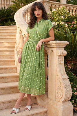 Spot Print Pleated Shirt Midi Dress