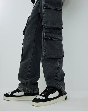 River Island Mens Cargo Jeans Black Loose Fit Elasticated