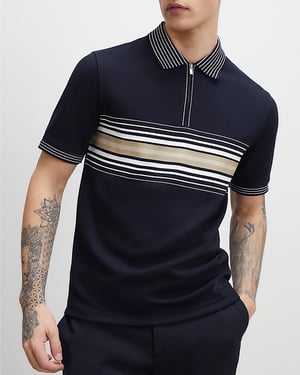 River Island Mens Polo Shirt Navy Slim Fit Stripe Short Sleeve