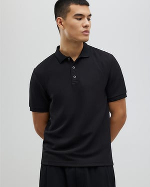 River Island Mens Polo Shirt Black Slim Fit Textured Short Sleeve