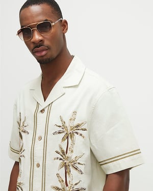 River Island Mens Shirt Cream Palm Tree Embroidered Short Sleeve