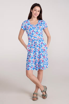 Orchid Patterned Women's UV Summer Dress with Side Pockets Holiday Beach Dress Medium Blue