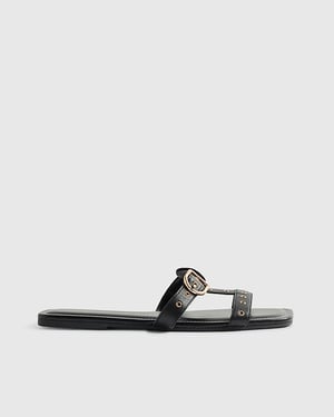 River Island Womens T-Bar Sandals Black Leather Buckle Square