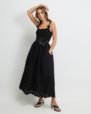 River Island Womens Midi Dress Black Poplin Broderie Tie Back